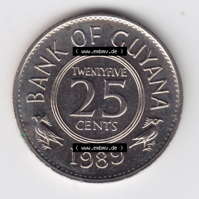 Münzen Guyana 1989, 25 Twentyfive Cents. Hier befindet sich die Vorderseite einer Umlaufmünze aus Guyana als Digitales Bild... Sammlung