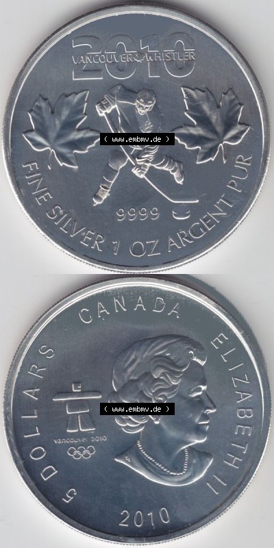 Kanada / Canada Silbermünze 2010, 5 Dollar Vancouver Olympics 2010, Hockey. Hier befindet sich die Vorderseite und Rückseite... Sammlung