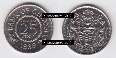 Münzen Guyana 1989, 25 Twentyfive Cents. Hier befindet sich die Vorderseite und Rückseite einer Umlaufmünze aus Guyana als... Sammlung
