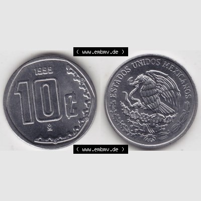 Münzen Mexiko / Mexico 1992-2009, 10 Centavos 1999. Hier befindet sich die einer Umlaufmünze aus Mexiko / Mexico als horizontales Bild der Vorderseite und Rückseite... Sammlung