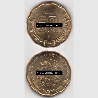 Münzen Mexiko / Mexico 1992-2009, 50 Centavos 1999. Hier befindet sich die einer Umlaufmünze aus Mexiko / Mexico als vertikales untereinander angefügtes Bild der Vorderseite... Sammlung
