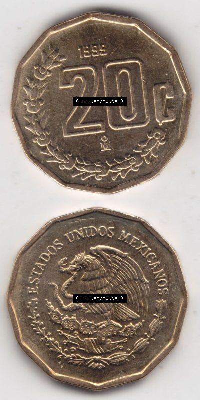 Münzen Mexiko / Mexico 1992-2009, 20 Centavos 1999. Hier befindet sich die einer Umlaufmünze aus Mexiko / Mexico als vertikales... Sammlung