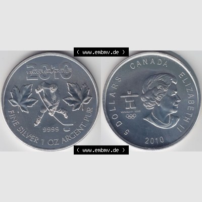 Kanada / Canada Silbermünze 2010, 5 Dollar Vancouver Olympics 2010, Hockey. Hier befindet sich die Vorderseite und Rückseite einer 5 Dollar Silbermünze aus Kanada... Sammlung