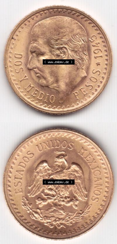 Münzen Mexiko / Mexico 1918-1948, Dos Y Medio Pesos Goldmünze 1945. Hier befindet sich eine Goldmünze aus Mexiko / Mexico als... Sammlung