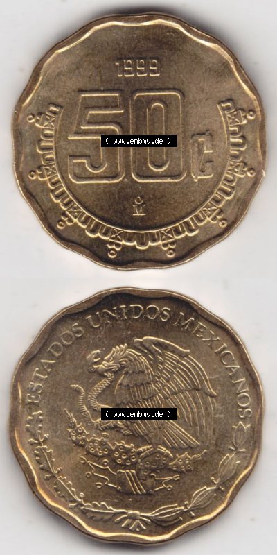 Münzen Mexiko / Mexico 1992-2009, 50 Centavos 1999. Hier befindet sich die einer Umlaufmünze aus Mexiko / Mexico als vertikales... Sammlung