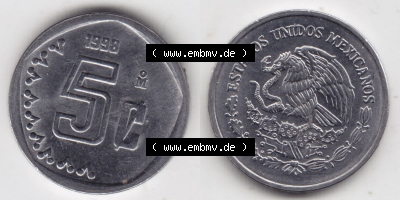 Münzen Mexiko / Mexico 1992-2002, 5 Centavos 1998. Hier befindet sich die einer Umlaufmünze aus Mexiko / Mexico als horizontales... Sammlung