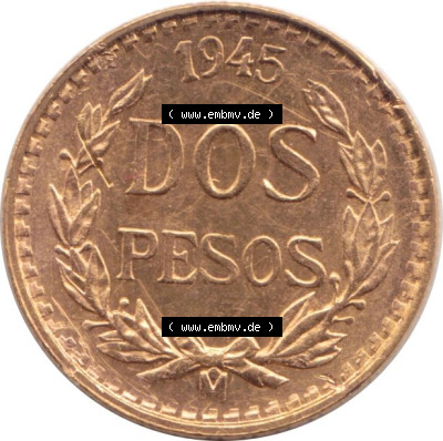 Münzen Mexiko / Mexico 1919-1948, Dos Pesos, 2 Pesos Goldmünze 1945. Hier befindet sich die Vorderseite einer Goldmünze aus... Sammlung
