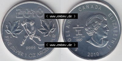 Kanada / Canada Silbermünze 2010, 5 Dollar Vancouver Olympics 2010, Hockey. Hier befindet sich die Vorderseite und Rückseite... Sammlung