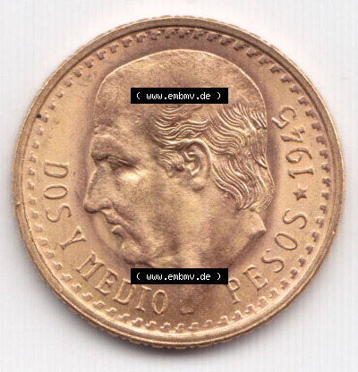 Münzen Mexiko / Mexico 1918-1948, Dos Y Medio Pesos Goldmünze 1945. Hier befindet sich die Vorderseite einer Goldmünze aus... Sammlung