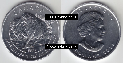 Kanada / Canada Silbermünze 2013-2013, 5 Dollars Bison Wildlife. Hier befindet sich die Vorderseite und Rückseite einer Silbermünze... Sammlung