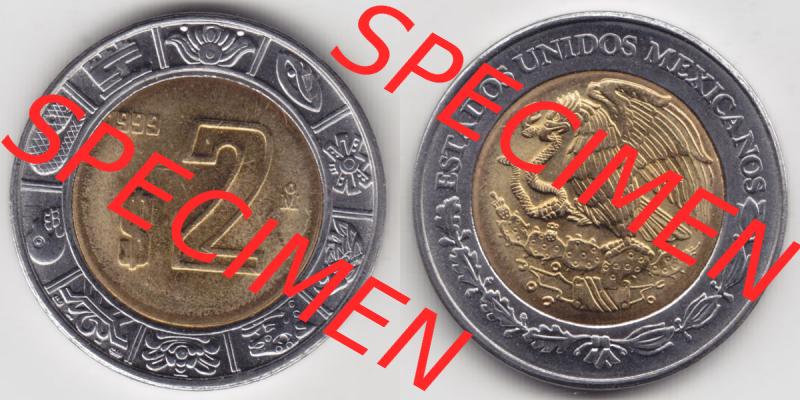 Münzen Mexiko / Mexico 1996-heute, 2 Pesos 1999. Hier befindet sich die einer Umlaufmünze aus Mexiko / Mexico als horizontales Bild der Vorderseite und Rückseite auf... Sammlung