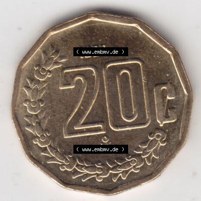 Münzen Mexiko / Mexico 1992-2009, 20 Centavos 1999. Hier befindet sich die Vorderseite einer Umlaufmünze aus Mexiko / Mexico... Sammlung