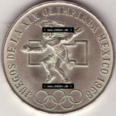 Münzen Mexiko / Mexico 1968-1968, 25 Pesos Olympia, Silbermünze. Hier befindet sich die Vorderseite einer Silbermünze aus Mexiko... Sammlung