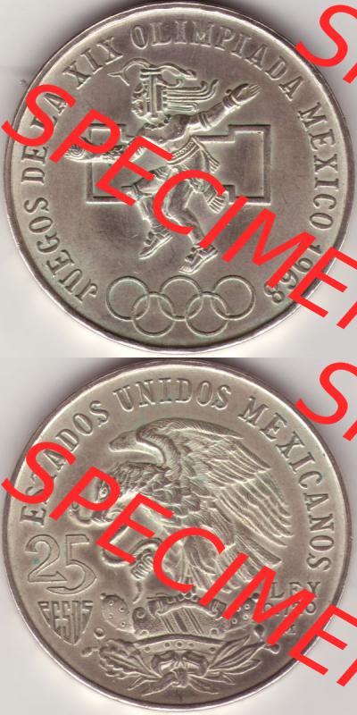 Münzen Mexiko / Mexico 1968-1968, 25 Pesos Olympia, Silbermünze. Hier befindet sich die einer Silbermünze aus Mexiko / Mexico als vertikales untereinander angefügtes... Sammlung