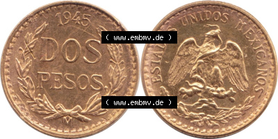 Münzen Mexiko / Mexico 1919-1948, Dos Pesos, 2 Pesos Goldmünze 1945. Hier befindet sich eine Goldmünze aus Mexiko / Mexico... Sammlung