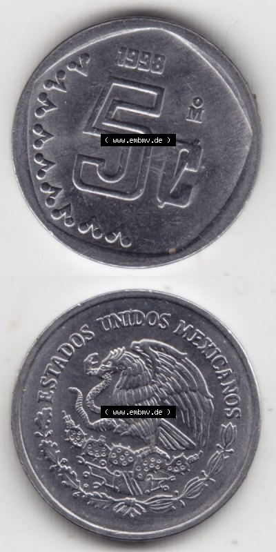 Münzen Mexiko / Mexico 1992-2002, 5 Centavos 1998. Hier befindet sich die einer Umlaufmünze aus Mexiko / Mexico als vertikales... Sammlung