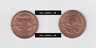 Kolumbien Umlaufmünzen 1966, 1 I Centavo. Hier befindet sich die Vorderseite und Rückseite einer Umlaufmünze aus Kolumbien... Sammlung