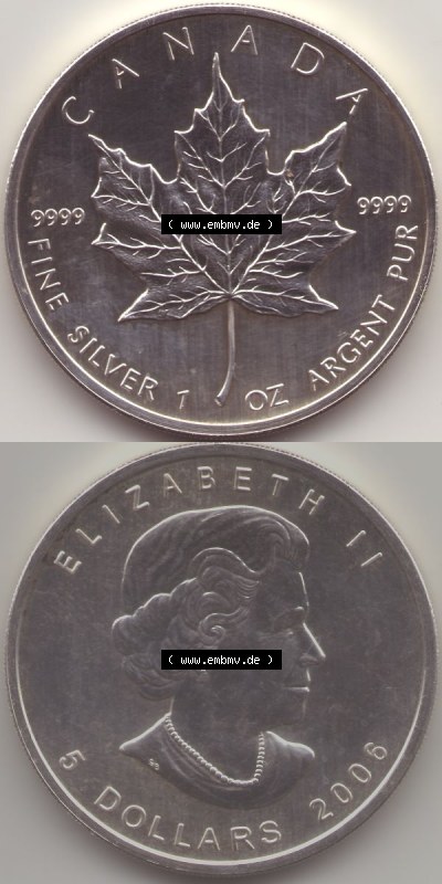 Kanada / Canada Silbermünze 2006, 5 Dollar Maple Leaf 9999er Silber weltweit berühmte Anlagemünze. Hier befindet sich die Vorderseite... Sammlung