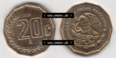 Münzen Mexiko / Mexico 1992-2009, 20 Centavos 1999. Hier befindet sich die einer Umlaufmünze aus Mexiko / Mexico als horizontales... Sammlung