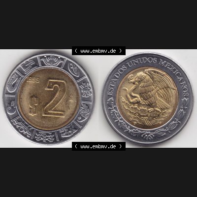 Münzen Mexiko / Mexico 1996-heute, 2 Pesos 1999. Hier befindet sich die einer Umlaufmünze aus Mexiko / Mexico als horizontales Bild der Vorderseite und Rückseite auf... Sammlung