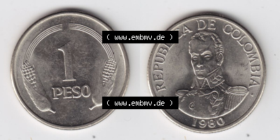 Kolumbien Umlaufmünzen 1980, 1 Peso. Hier befindet sich die Vorderseite und Rückseite einer Umlaufmünze aus Kolumbien als Digitales... Sammlung
