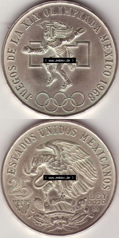 Münzen Mexiko / Mexico 1968-1968, 25 Pesos Olympia, Silbermünze. Hier befindet sich die einer Silbermünze aus Mexiko / Mexico... Sammlung