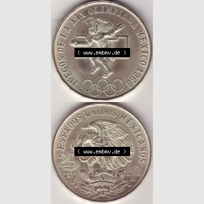 Münzen Mexiko / Mexico 1968-1968, 25 Pesos Olympia, Silbermünze. Hier befindet sich die einer Silbermünze aus Mexiko / Mexico als vertikales untereinander angefügtes... Sammlung