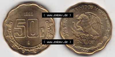 Münzen Mexiko / Mexico 1992-2009, 50 Centavos 1999. Hier befindet sich die einer Umlaufmünze aus Mexiko / Mexico als horizontales... Sammlung