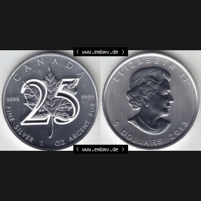 Kanada / Canada Silbermünze 2013, 5 Dollar 25 Jahre Silber Maple Leaf 9999er Silber weltweit berühmte Anlagemünze. Hier befindet sich die Vorderseite und Rückseite... Sammlung