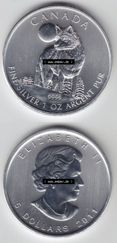 Kanada / Canada Silbermünze 2011-2011, 5 Dollars Wolf Wildlife. Hier befindet sich die Vorderseite und Rückseite einer Silbermünze... Sammlung