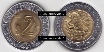 Münzen Mexiko / Mexico 1996-heute, 2 Pesos 1999. Hier befindet sich die einer Umlaufmünze aus Mexiko / Mexico als horizontales... Sammlung