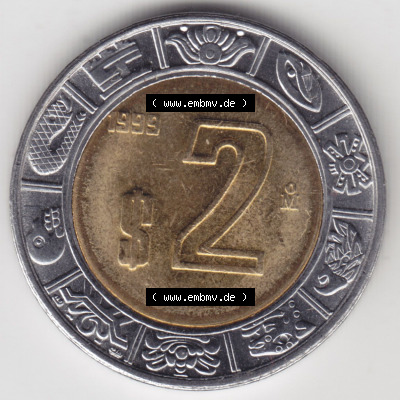 Münzen Mexiko / Mexico 1996-heute, 2 Pesos 1999. Hier befindet sich die Vorderseite einer Umlaufmünze aus Mexiko / Mexico als... Sammlung
