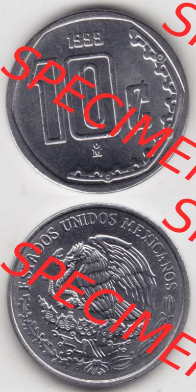 Münzen Mexiko / Mexico 1992-2009, 10 Centavos 1999. Hier befindet sich die einer Umlaufmünze aus Mexiko / Mexico als vertikales untereinander angefügtes Bild der Vorderseite... Sammlung