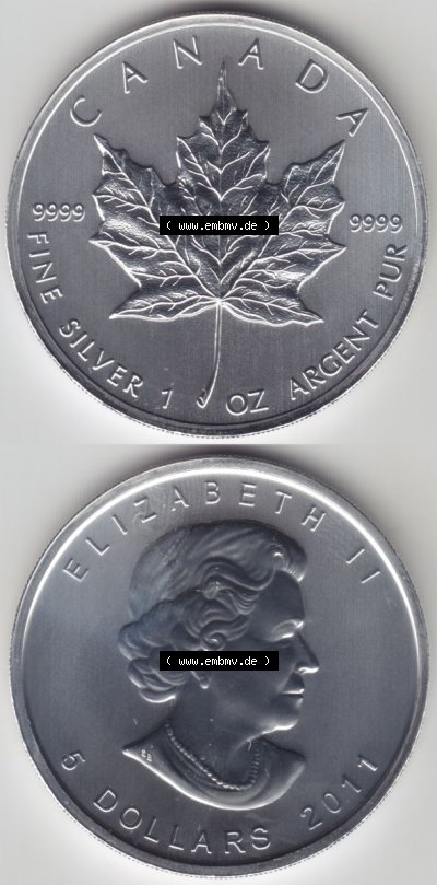 Kanada / Canada Silbermünze 2011, 5 Dollar Maple Leaf 9999er Silber weltweit berühmte Anlagemünze. Hier befindet sich die Vorderseite... Sammlung
