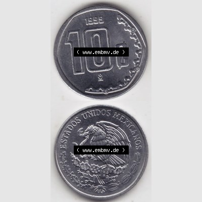 Münzen Mexiko / Mexico 1992-2009, 10 Centavos 1999. Hier befindet sich die einer Umlaufmünze aus Mexiko / Mexico als vertikales untereinander angefügtes Bild der Vorderseite... Sammlung