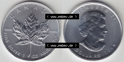 Kanada / Canada Silbermünze 2011, 5 Dollar Maple Leaf 9999er Silber weltweit berühmte Anlagemünze. Hier befindet sich die Vorderseite... Sammlung