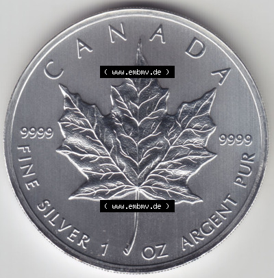 Kanada / Canada Silbermünze 2011, 5 Dollar Maple Leaf 9999er Silber weltweit berühmte Anlagemünze. Hier befindet sich die Vorderseite... Sammlung