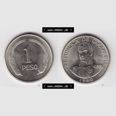 Kolumbien Umlaufmünzen 1980, 1 Peso. Hier befindet sich die Vorderseite und Rückseite einer Umlaufmünze aus Kolumbien als Digitales Bild in horizontaler Ausrichtung im online... Sammlung