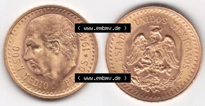 Münzen Mexiko / Mexico 1918-1948, Dos Y Medio Pesos Goldmünze 1945. Hier befindet sich eine Goldmünze aus Mexiko / Mexico als... Sammlung