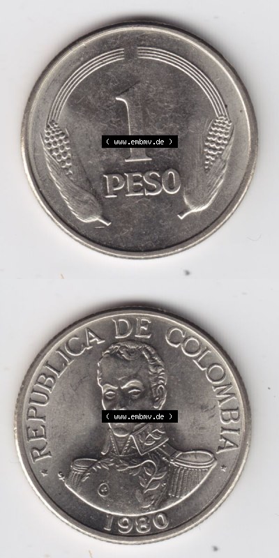 Kolumbien Umlaufmünzen 1980, 1 Peso. Hier befindet sich die Vorderseite und Rückseite einer Umlaufmünze aus Kolumbien als Digitales... Sammlung