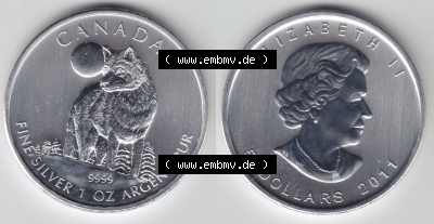 Kanada / Canada Silbermünze 2011-2011, 5 Dollars Wolf Wildlife. Hier befindet sich die Vorderseite und Rückseite einer Silbermünze... Sammlung