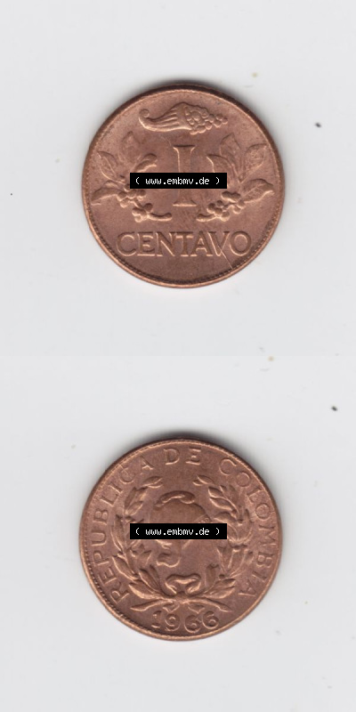 Kolumbien Umlaufmünzen 1966, 1 I Centavo. Hier befindet sich die Vorderseite und Rückseite einer Umlaufmünze aus Kolumbien... Sammlung
