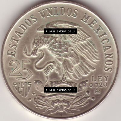 Münzen Mexiko / Mexico 1968-1968, 25 Pesos Olympia, Silbermünze. Hier befindet sich die Rückseite einer Silbermünze aus Mexiko... Sammlung