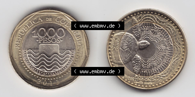 Kolumbien Umlaufmünzen 2013, 1000 Pesos. Hier befindet sich die Vorderseite und Rückseite einer Umlaufmünze aus Kolumbien als... Sammlung