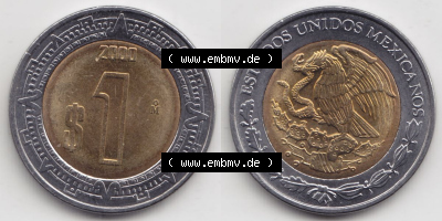 Münzen Mexiko / Mexico 1996-heute, 1 Peso 2000. Hier befindet sich die einer Umlaufmünze aus Mexiko / Mexico als horizontales... Sammlung