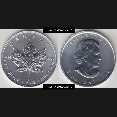 Kanada / Canada Silbermünze 2011, 5 Dollar Maple Leaf 9999er Silber weltweit berühmte Anlagemünze. Hier befindet sich die Vorderseite und Rückseite einer 5 Dollar Silbermünze... Sammlung
