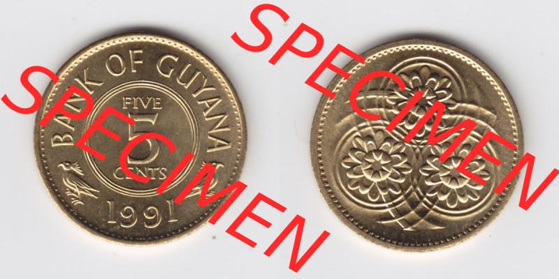 Münzen Guyana 1991, 5 Five Cents. Hier befindet sich die Vorderseite und Rückseite einer Umlaufmünze aus Guyana als Digitales Bild in horizontaler Ausrichtung im online Katalog... Sammlung