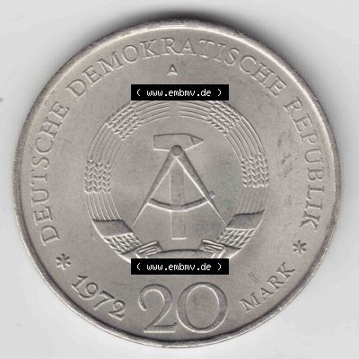 1972, 20 Mark Wilhelm Pieck, Münzen-Rückseite mit DDR-Wappen auf einen Digitalen Bild, der Münze aus Deutschland der DDR, der Deutschen Demokratischen Republik,... Sammlung