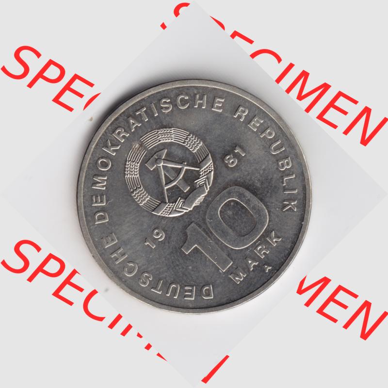 1981, 10 Mark 1956-1981 NVA, 25 Jahre NVA, Münzen-Rückseite mit DDR-Wappen und Wert in Mark im Zahlungsverkehr zur DDR-Zeiten auf einen Digitalen Bild, der Münze... Sammlung