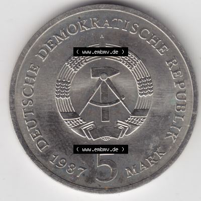 1987, 5 Mark A Rotes Rathaus in Berlin, Münzen-Rückseite mit DDR-Wappen und Wert in DDR-Mark im Zahlungsverkehr zur DDR-Zeiten auf einen Digitalen Bild, der Münze aus Deutschland... Sammlung